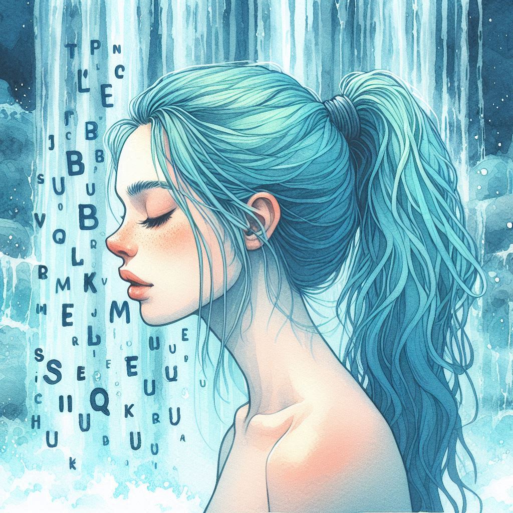 Chica bañándose en una cascada de letras