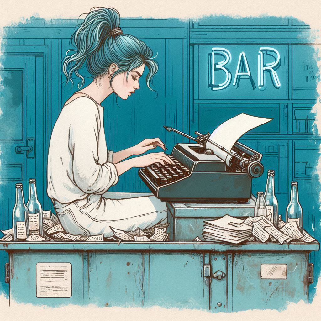 Chica en un bar escribiendo a máquina