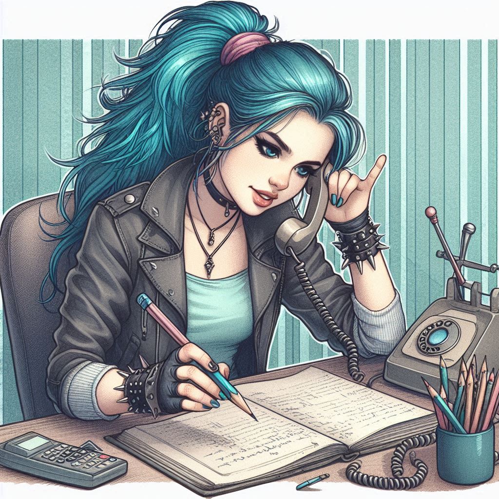 Chica roquera atendiendo al teléfono y apuntando en un cuaderno