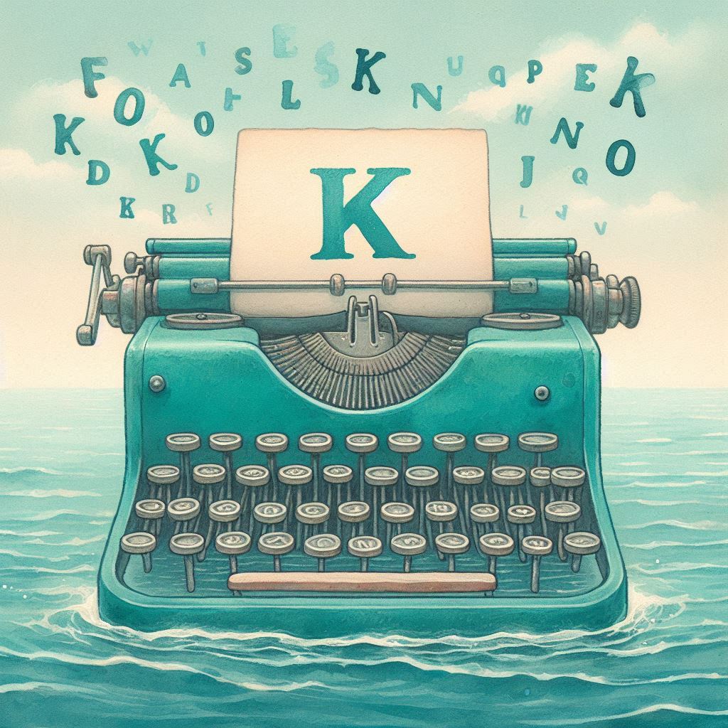 Máquina de escribir en el mar con letra K en hoja