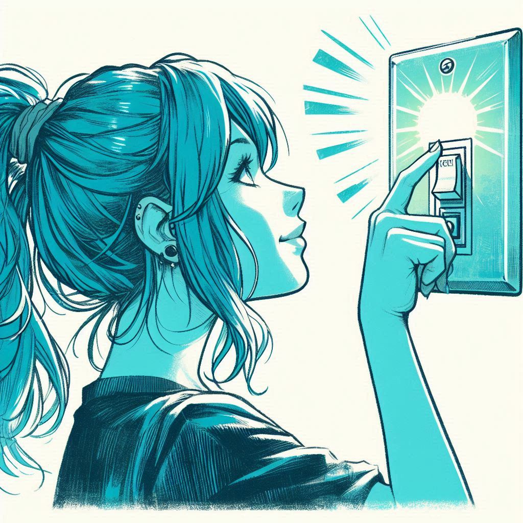 Una joven de pelo azul y coleta pulsando un interruptor con su dedo índice. El interruptor está en e