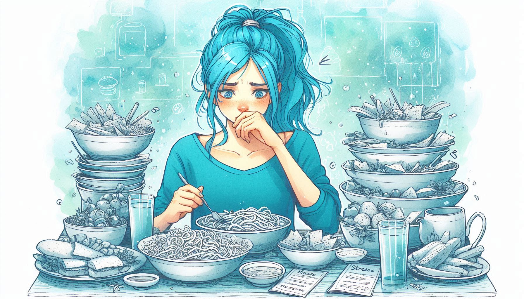 Chica de pelo azul con coleta comiendo. Hay muchos platos de comida encima de la mesa. Estrés (1)