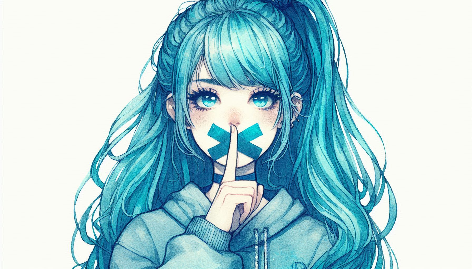 Chica de pelo azul con coleta con la boca tapada. Callar