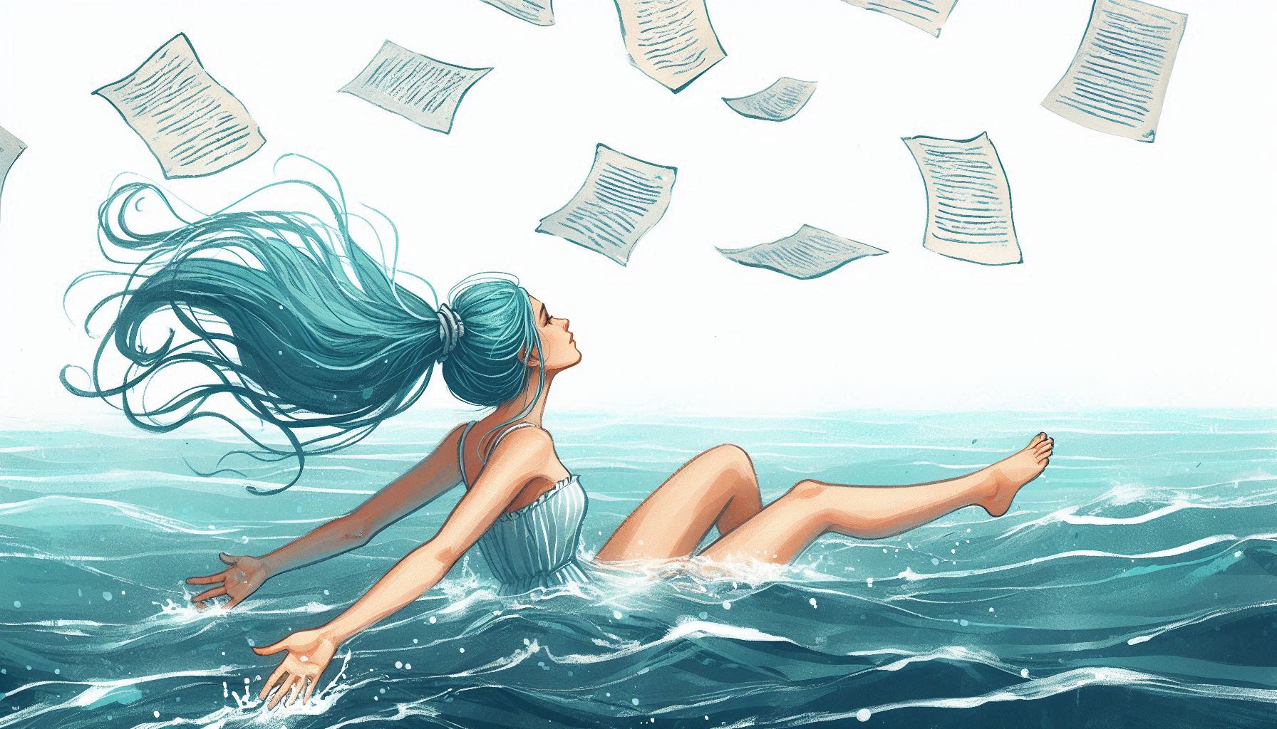 Ilustración de una mujer con pelo azul y coleta flotando boca arriba en un mar en calma.