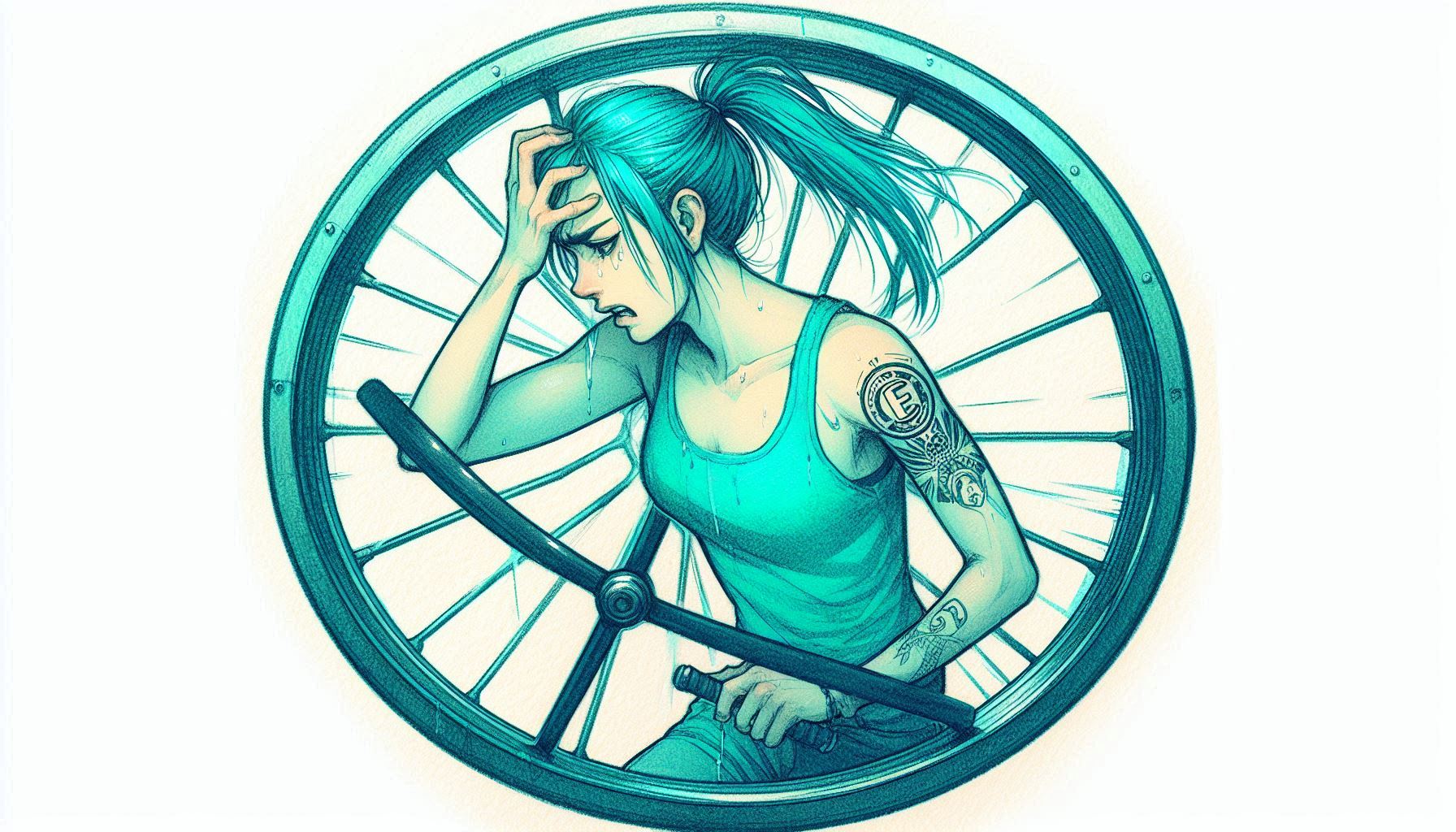 Mujer joven de pelo azul y coleta corriendo, estresada, dentro de una rueda.