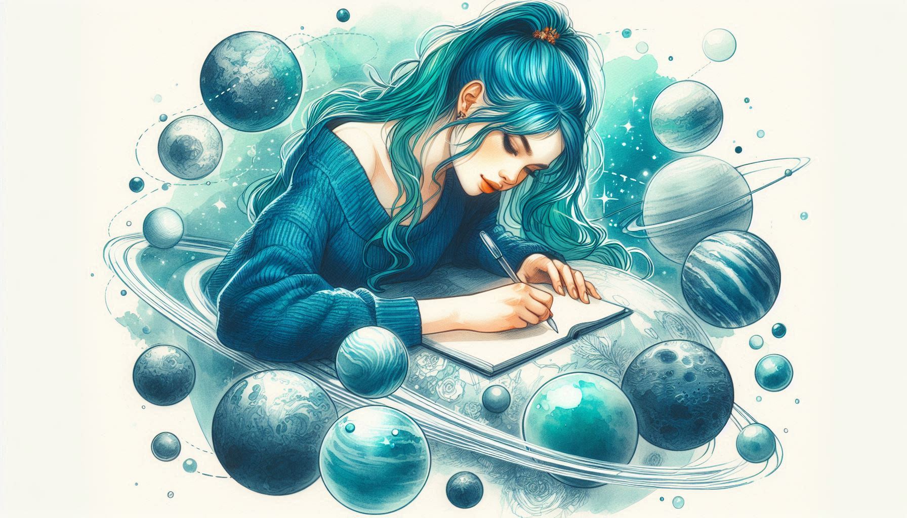 Mujer joven de pelo azul y coleta escribiendo Sistema Solar_Escritura Sistémica