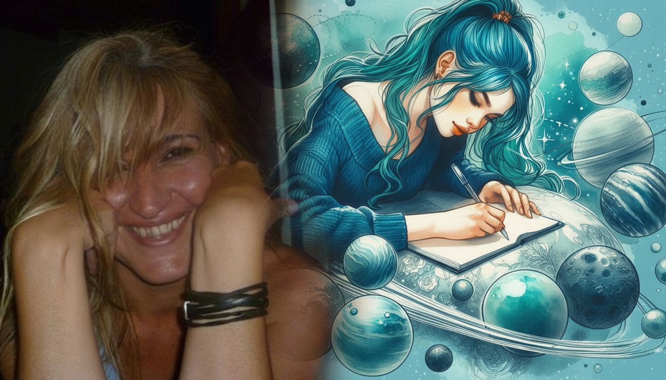 Combinado foto real con mujer pelo azul escribiendo entre planetas